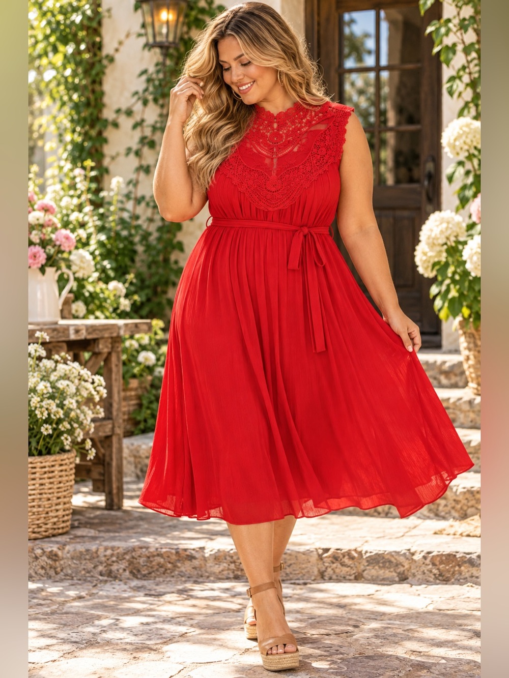 Torrid Red Lace Yoke Midi Dress Size 3 Plus Cottagecore Romantic